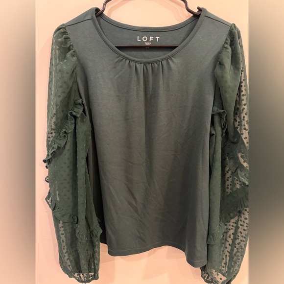 LOFT Tops - LOFT Emerald Green Swiss Dot Ruffle Sheer Sleeve Top Size Medium